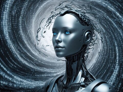 Humanoid robot suspended amidst a digital vortex, embodying the intersection of human consciousness and AI