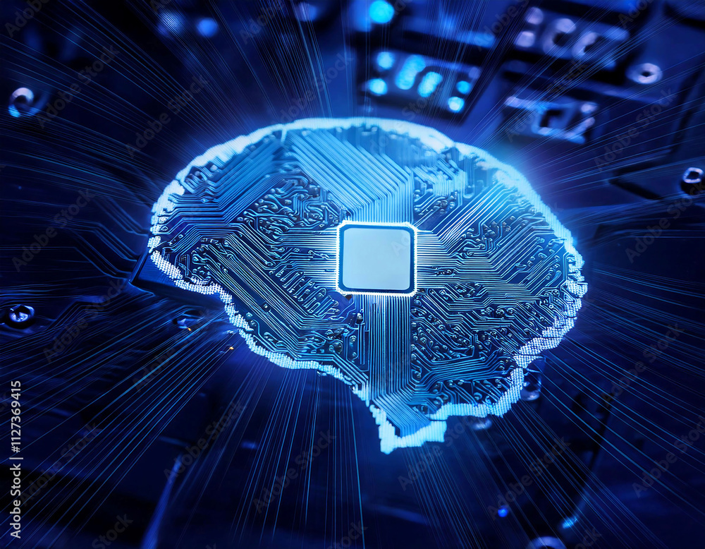 Poster intricate circuit board with illuminated brain symbol representing artificial intelligence technolog
