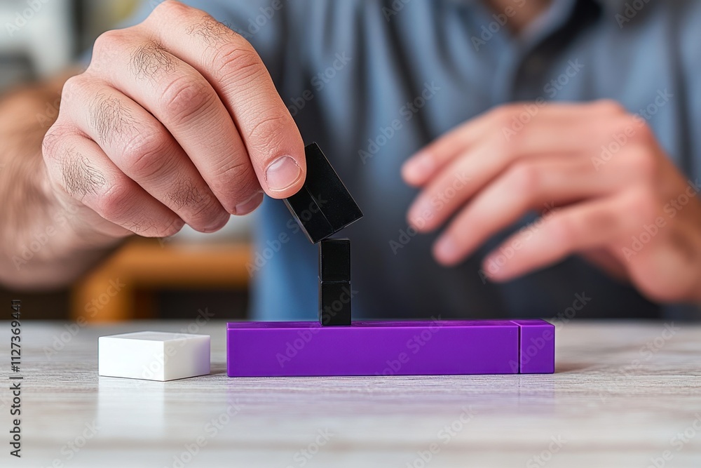 Poster a person stacking black blocks on a purple base, demonstrating focus and precision.