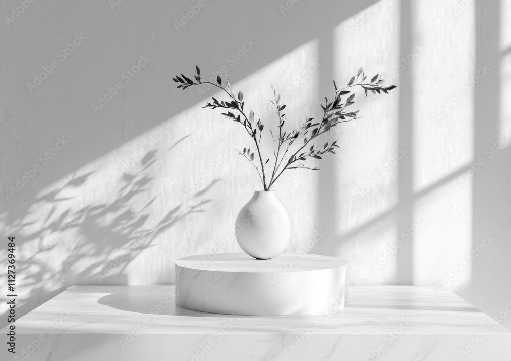 Poster A minimalist vase with branches casting shadows on a marble surface in a bright setting.