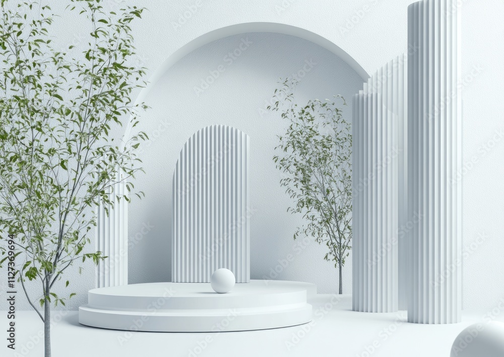 Poster a minimalist, modern architectural space featuring cylindrical columns, a circular platform, and tre