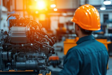 Fototapeta premium Mechanics repair engine durability concept. Mechanic examining an engine in a workshop with warm lighting and safety gear.
