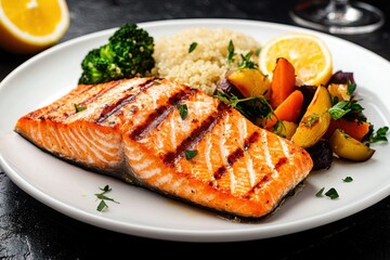 A plate of food with salmon, broccoli, carrots, and potatoes