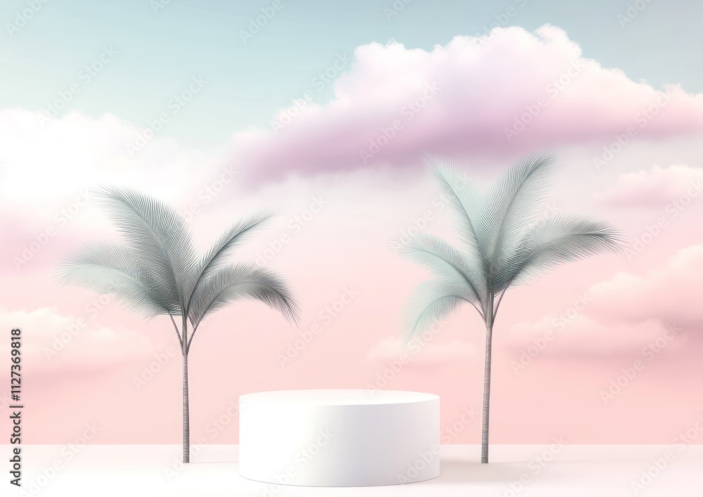 Poster a serene scene featuring two palm trees and a circular platform against a pastel sky backdrop.
