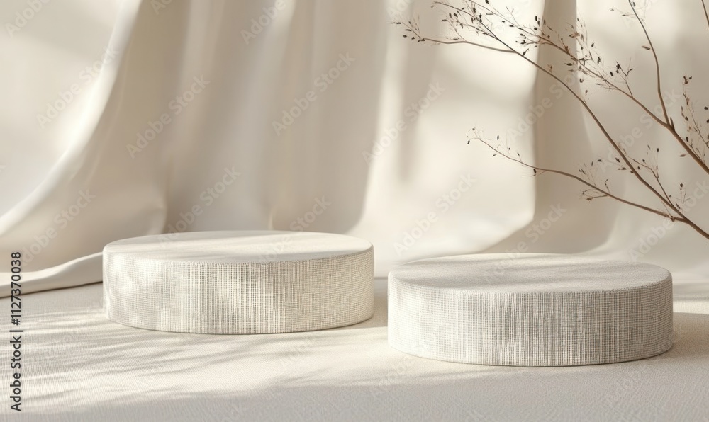Poster Two round, textured cushions on a soft surface with a delicate branch and draped fabric backdrop.