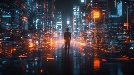 Naklejka premium Solitary Figure in a Digital Metropolis: A Cyberpunk Vision