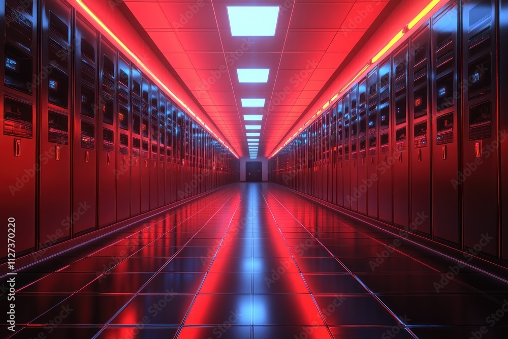 Poster a corridor lined with server racks illuminated by red and blue lights.