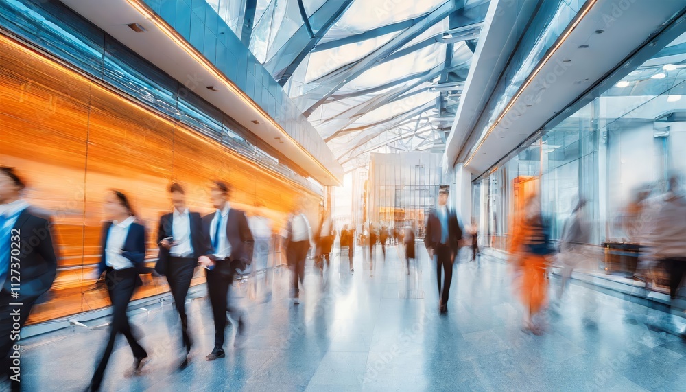 Aufkleber dynamic long exposure of a crowded business lobby showcasing professionals in motion, capturing the 