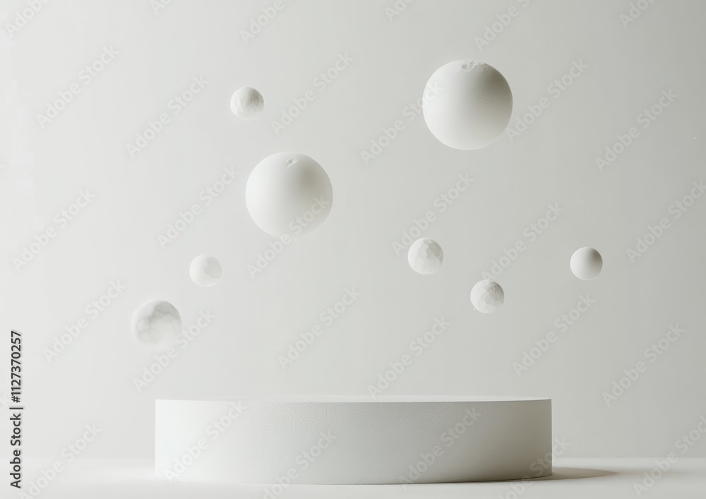 Poster a minimalist display of floating white spheres above a circular platform against a light backdrop.