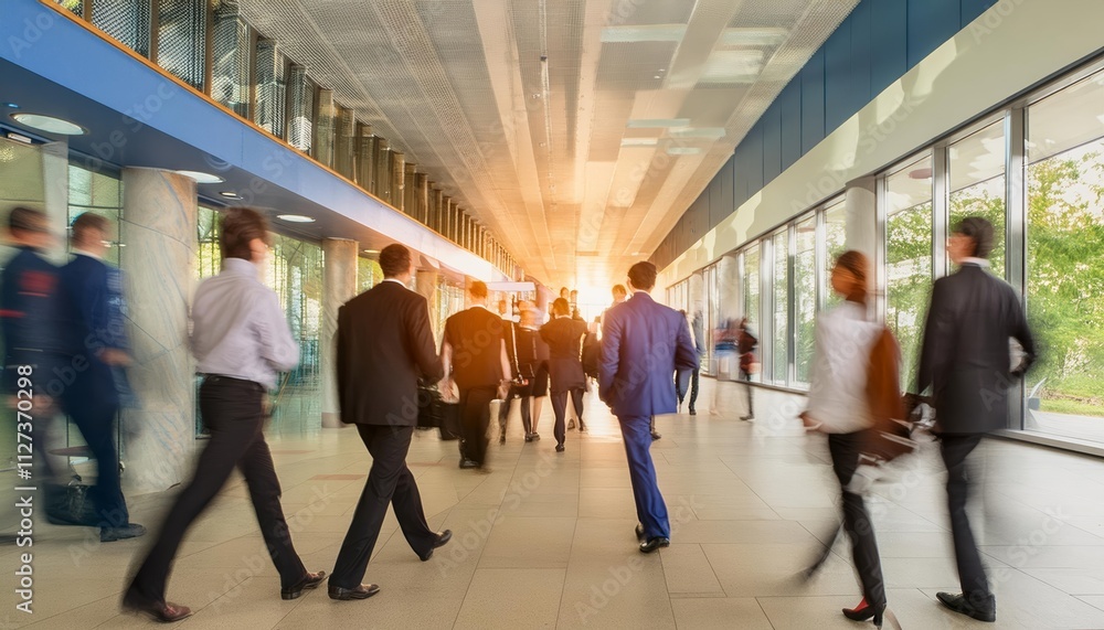 Aufkleber dynamic long exposure of a busy crowd of business professionals swiftly navigating a bright and mode