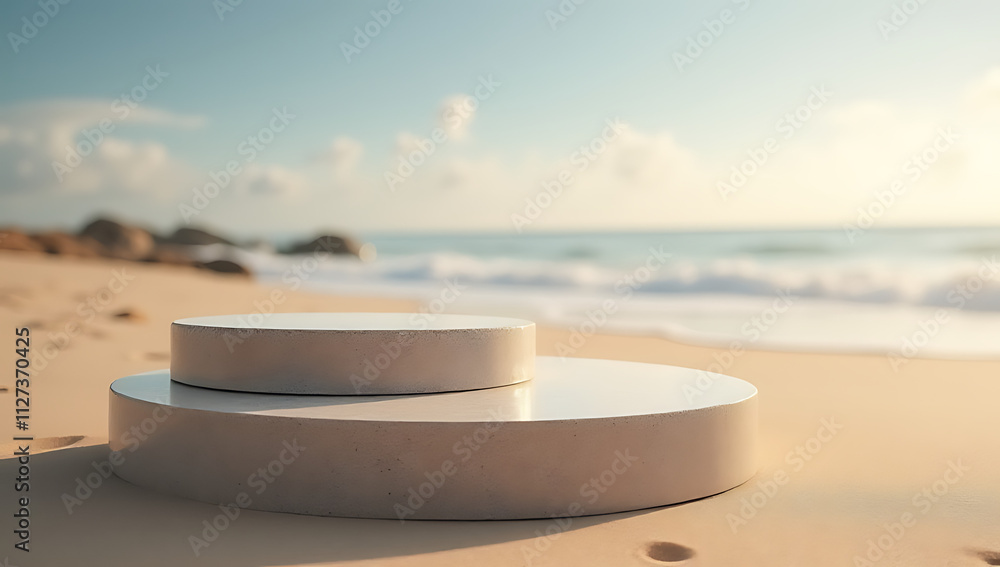 Aufkleber Sandstone product display platform features a podium stand and presentation on a sandy beach background with selective focus._00003_