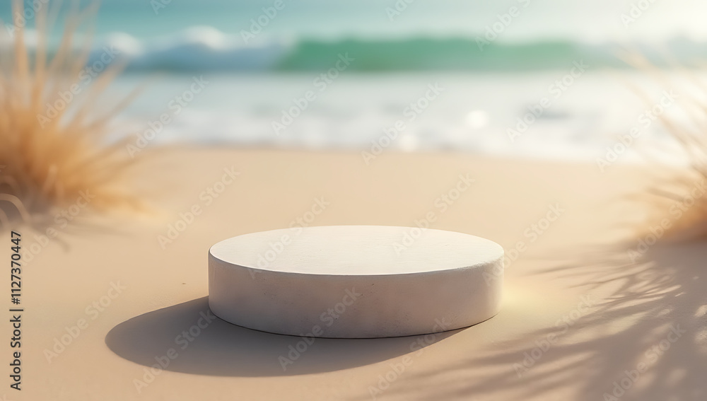 Poster Sandstone product display platform features a podium stand and presentation on a sandy beach background with selective focus._00002_