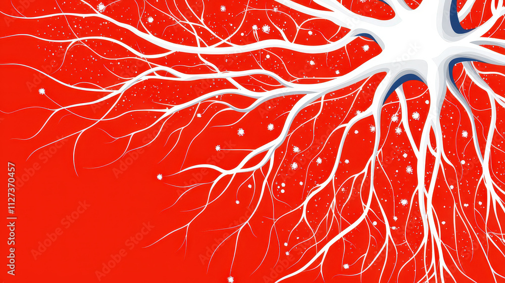 Poster intricate white neural network on vibrant red background, showcasing complexity of connections and p