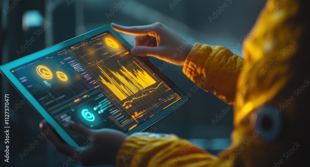Poster A person interacts with a tablet displaying data analytics and graphs in a tech environment.
