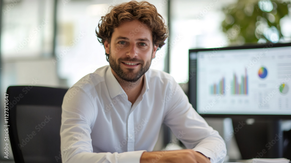 Poster smiling businessman sitting at desk with charts and graphs on computer screen in contemporary office