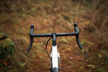 Photo of a bicycle in the forest. Travel background