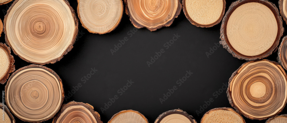 Poster natural wood slices arranged in circular pattern on dark background, creating rustic and organic fra