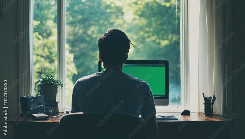 Fototapete a person sits at a desk facing a computer screen with greenery visible through a window.