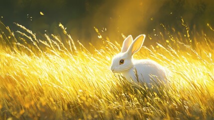 White Rabbit in Golden Grass Under Soft Sunlight in a Meadow