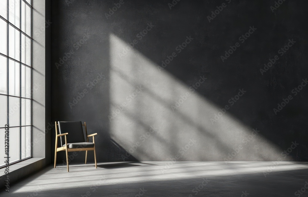 Poster a minimalist interior featuring a chair and large window casting shadows.