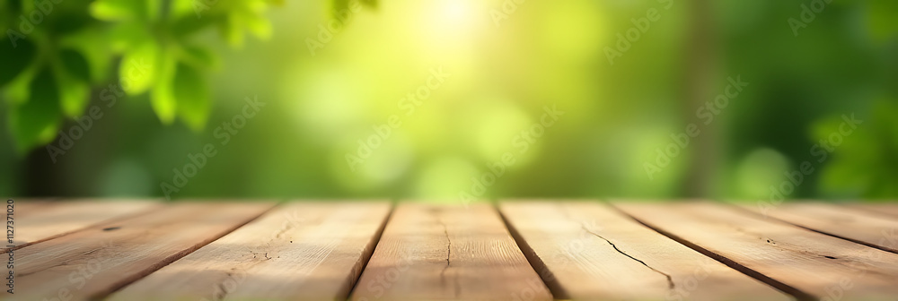 Aufkleber Real wood table top with blurred leaf and tree background is ideal for creating a product display or design key visual layout image._00003_