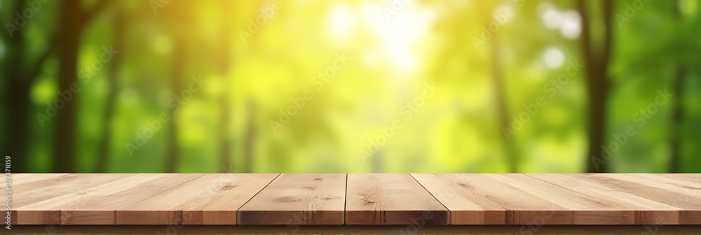 Aufkleber Real wood table top with blurred leaf and tree background is ideal for creating a product display or design key visual layout image._00002_
