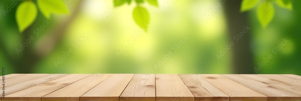 Aufkleber Real wood table top with blurred leaf and tree background is ideal for creating a product display or design key visual layout image._00001_