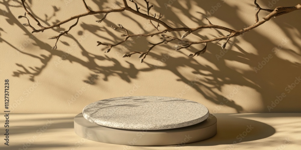 Poster A minimalist display featuring a textured circular platform with natural shadows and branches.
