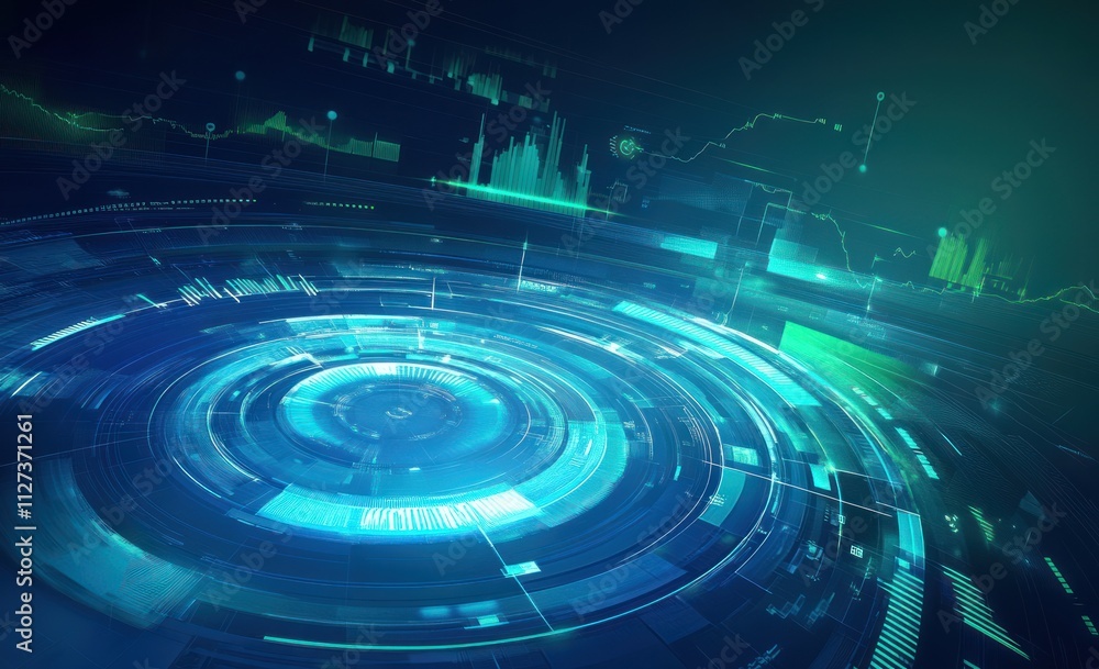 Poster Abstract digital design featuring circular patterns and data visualization elements.