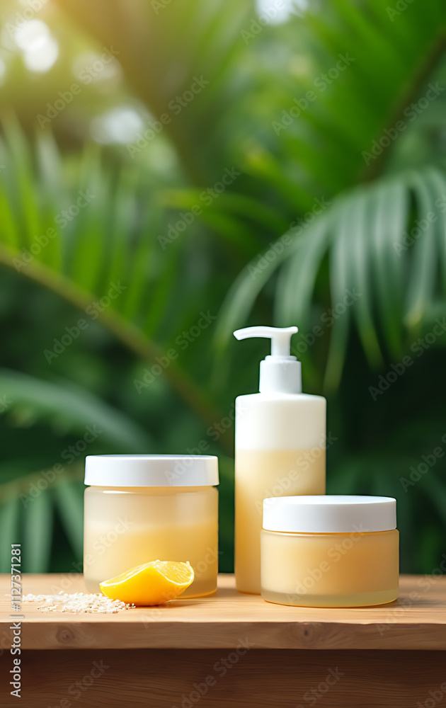 Aufkleber Product display features a wooden counter with summer items arranged atop it against a blurred tropical leaf green backdrop._00003_
