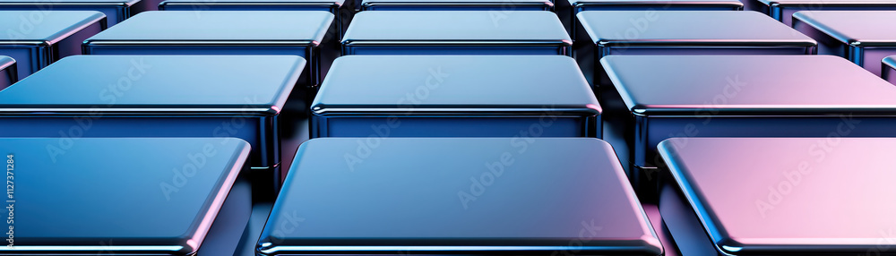 Poster sleek metallic boxes arranged in grid pattern, reflecting light with modern aesthetic. vibrant color