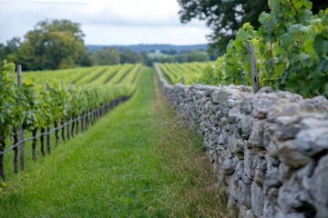 A vineyard with a stone wall separating the rows of vines