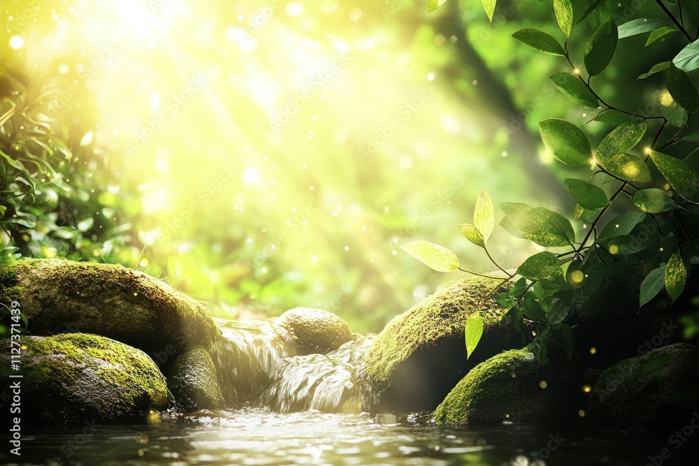 Poster a serene forest scene with sunlight filtering through trees and a gentle stream.