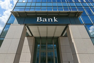 Obraz premium Modern bank building featuring sleek entrance and large glass facade during sunny day