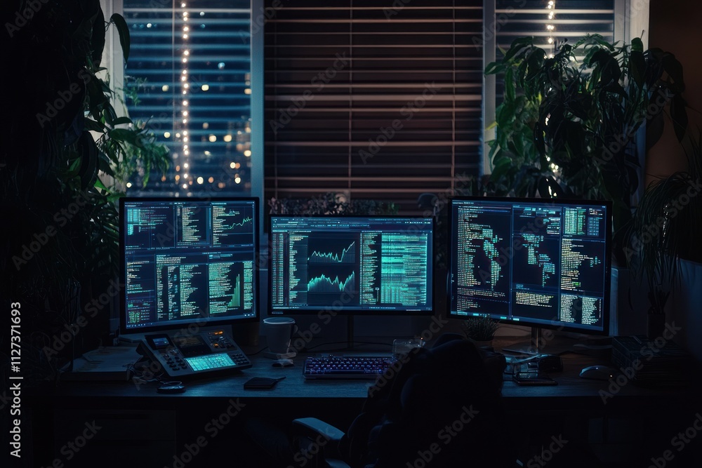 Fototapete A dimly lit workspace with multiple monitors displaying data and charts.