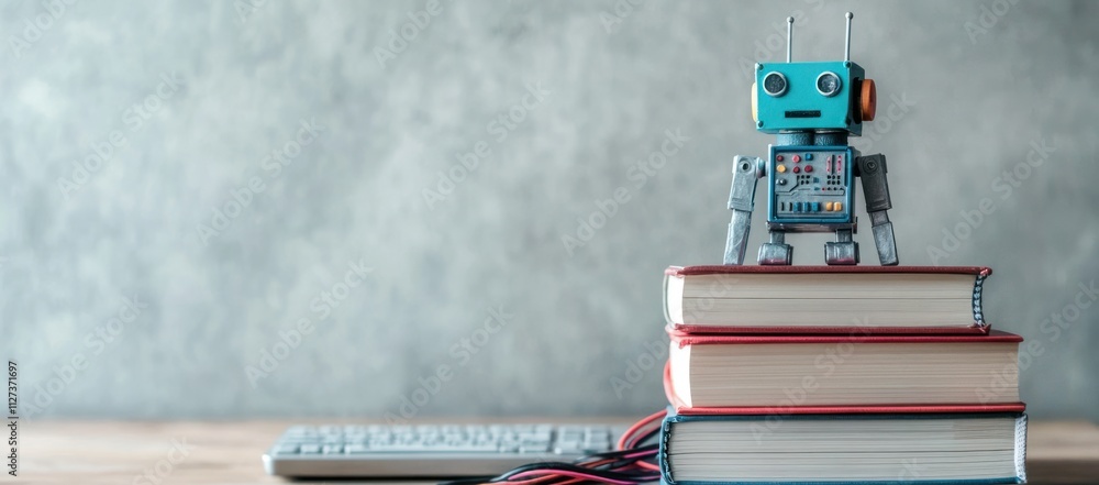 Poster a colorful robot figurine atop stacked books, with a keyboard in the background.