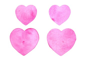 Set of hand drawn watercolor hearts in different shades of pink. Suitable for cards, Valentine's Day designs, weddings and romantic projects.