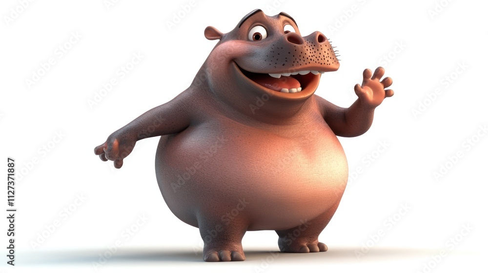 Poster a cheerful cartoon hippo character waving with a friendly expression.