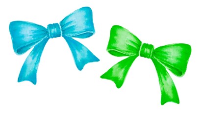 Set isolated hand drawn watercolor bows blue, green. Stylish decorative element on a white background