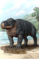 Fototapeta premium Prehistoric mammal illustration, aquatic, short legs, dark gray, sandy shore, paleontology.