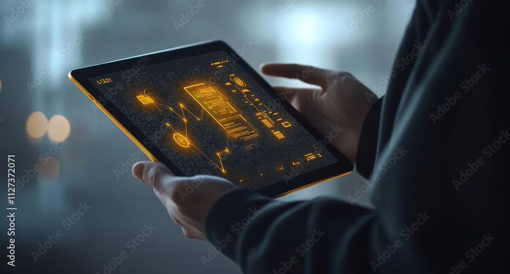 Poster A person holds a tablet displaying futuristic data and graphics in a dimly lit environment.