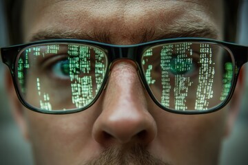 Man with glasses reflecting streams of green digital code. The background suggests a cyber-themed environment, enhancing tech atmosphere