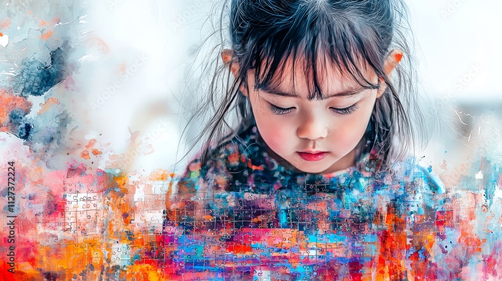 Poster child engrossed in digital puzzle urban setting visual art modern environment close-up view generati