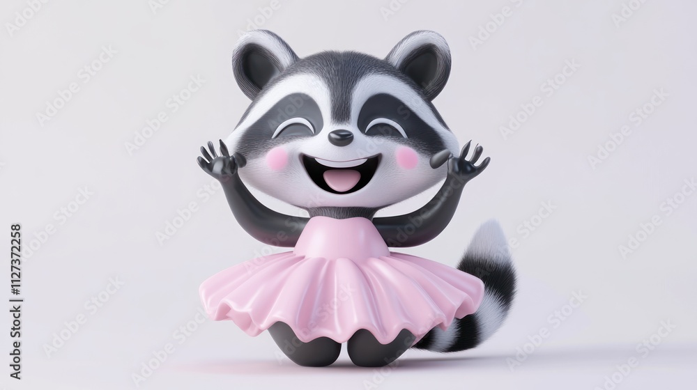 Poster a cheerful raccoon character in a pink tutu, expressing joy and playfulness.