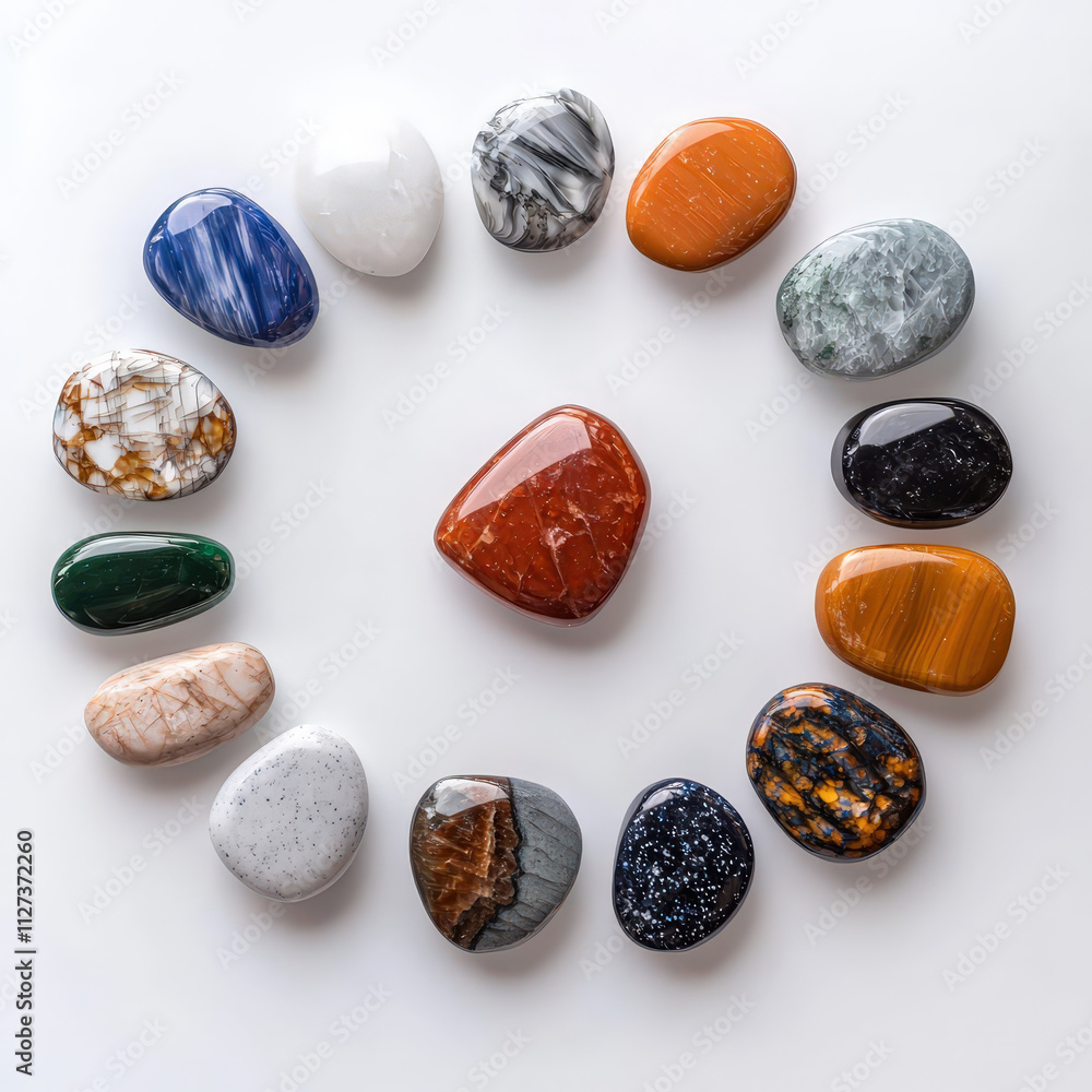 Poster colorful polished stones arranged in circular pattern, showcasing various textures and hues. each st