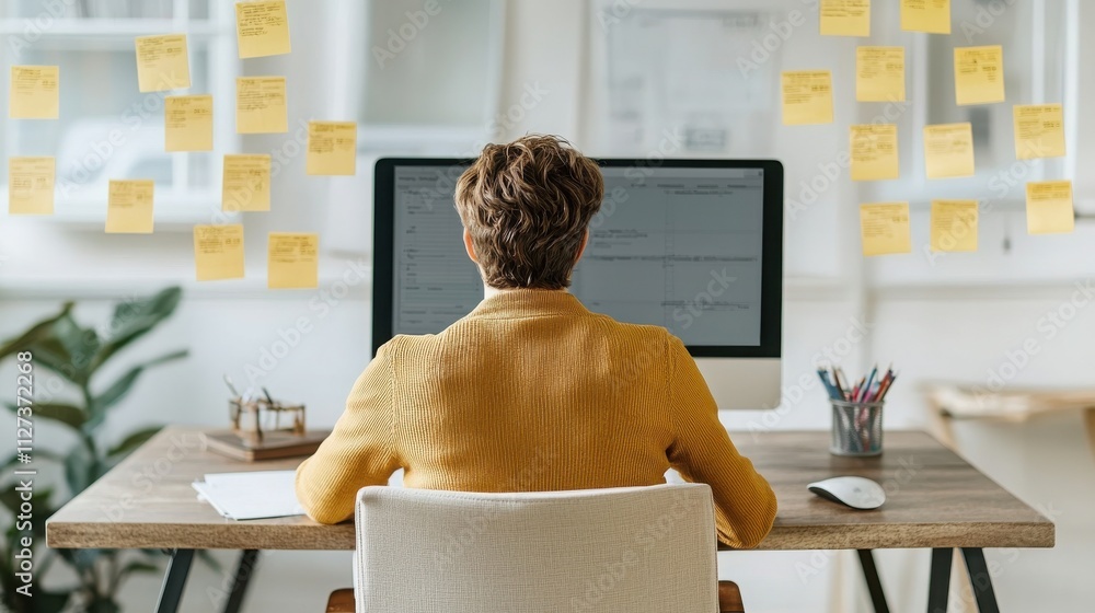Poster payment ensures income tax submission concept. person working at a desk surrounded by sticky notes a