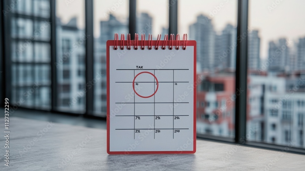 Poster payment ensures income tax submission concept. notebook with a sketch on a table near a window with 