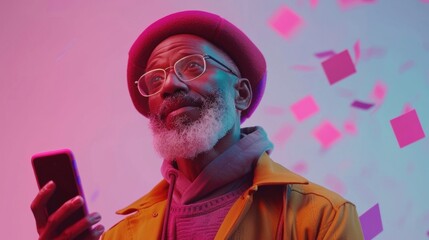 Fashionable older man with a white beard and glasses is holding a smartphone while looking up, surrounded by falling confetti in vibrant neon lighting, creating a celebratory atmosphere
