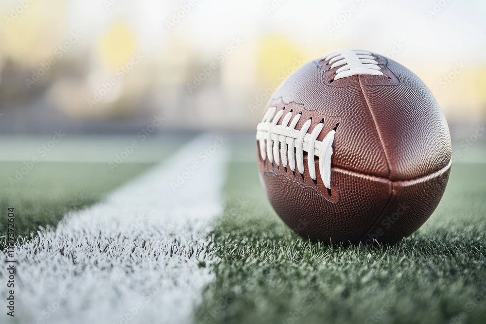 Poster a close-up of an american football resting on a field with a white line.