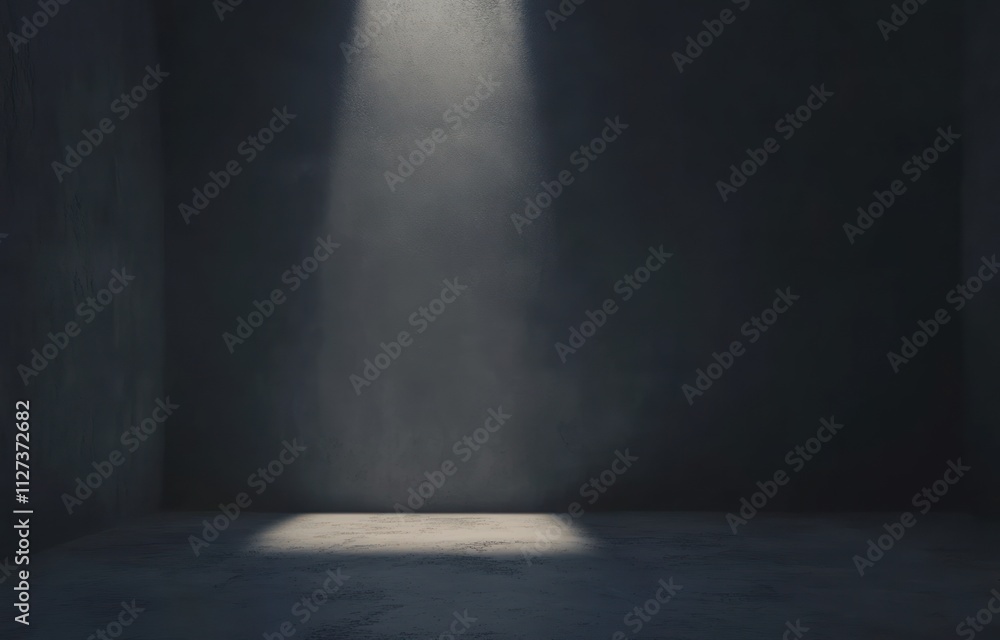 Poster a dark, minimalist room illuminated by a single beam of light, creating a dramatic atmosphere.